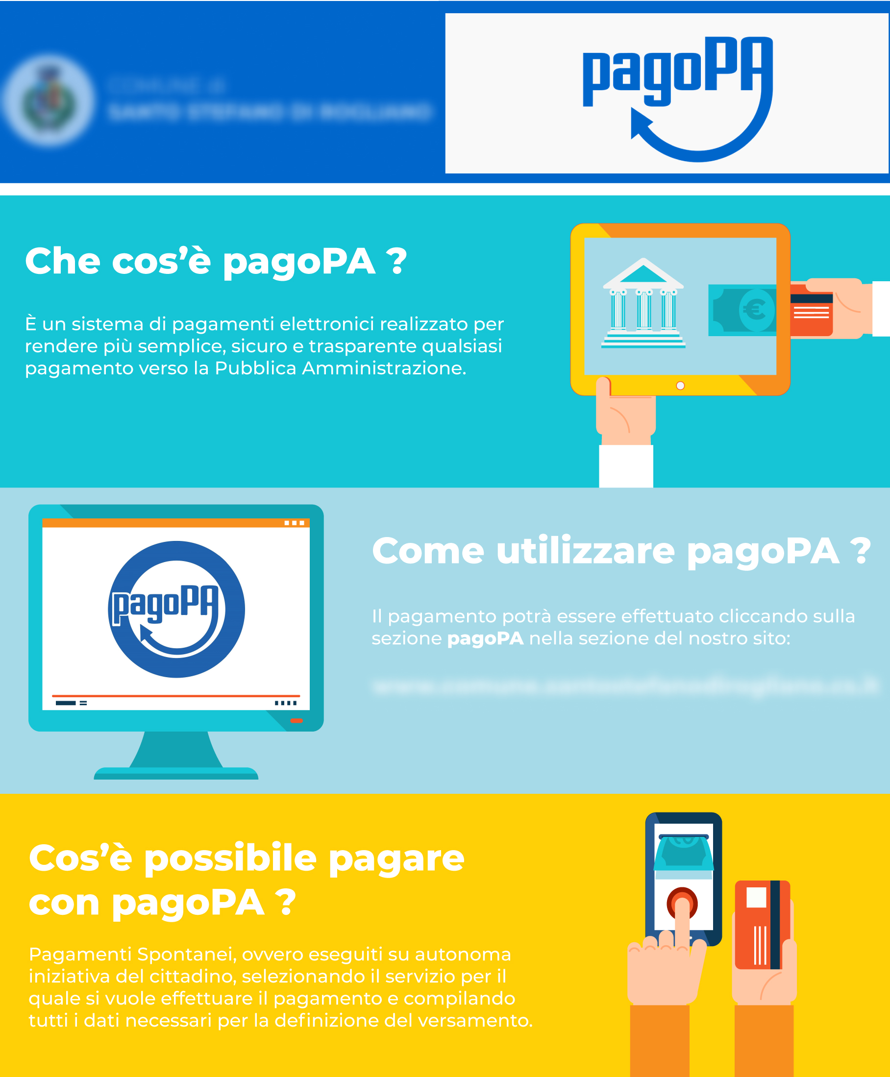 L'immagine riporta un'informativa comunale relativa all'utilizzo della piattaforma pagoPA. Sono presenti due errori grafici, rispettivamente l’utilizzo del logo senza la spaziatura di sicurezza attorno ad esso e l'errata applicazione del logo pagoPA.